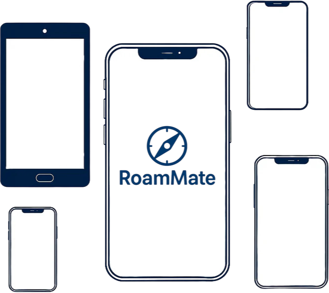 Outline of a smartphone with RoamMate logo on a white background